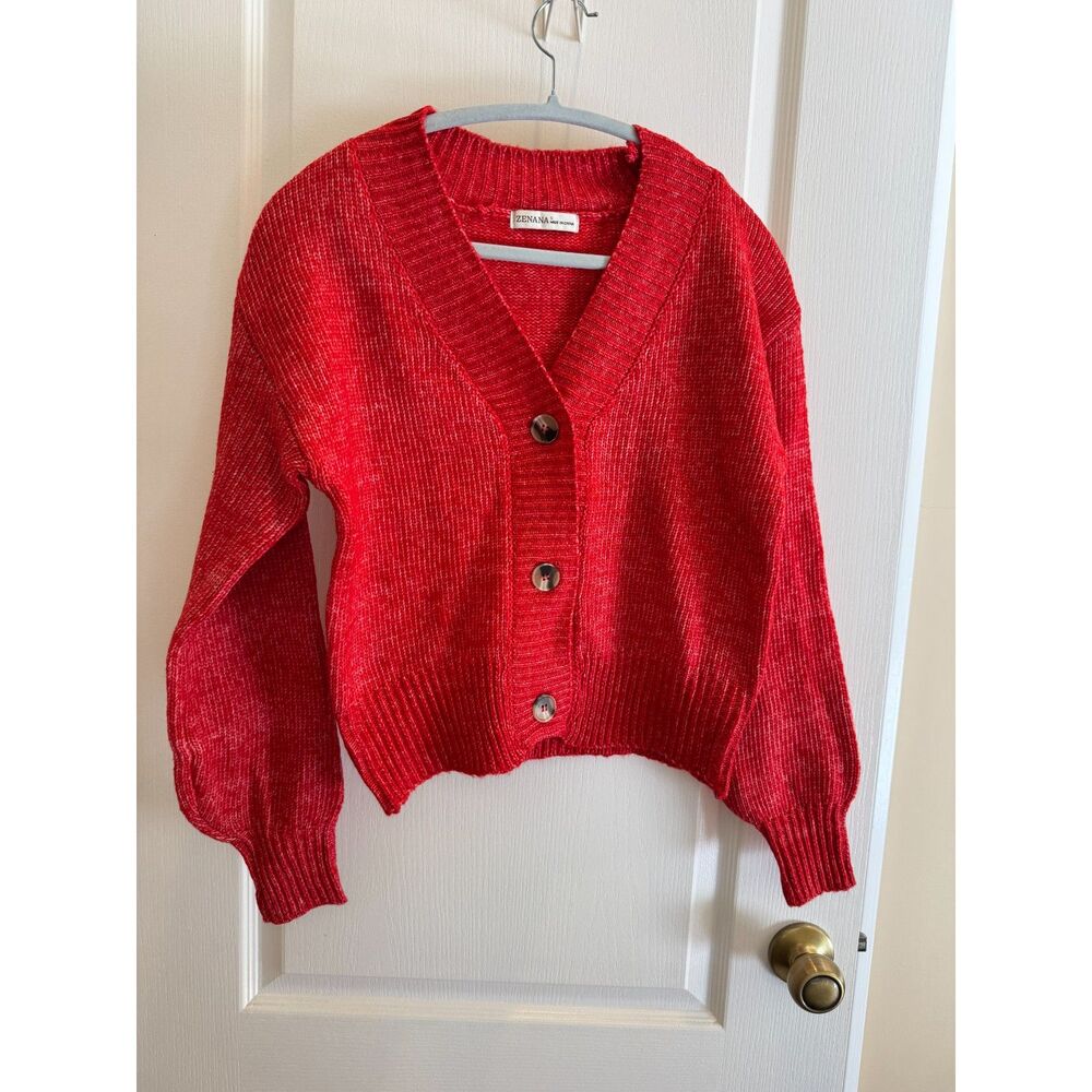Zenana Red Heathered V-Neck Button Front Cardigan Sweater - Size Small